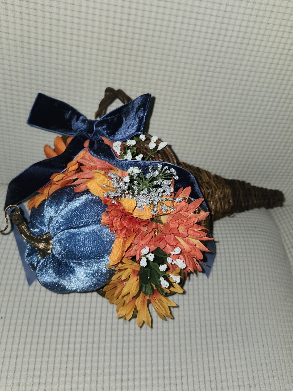 Thanksgiving Centerpiece, Blue Velvet Pumpkin, Orange Flowers, 16" Long